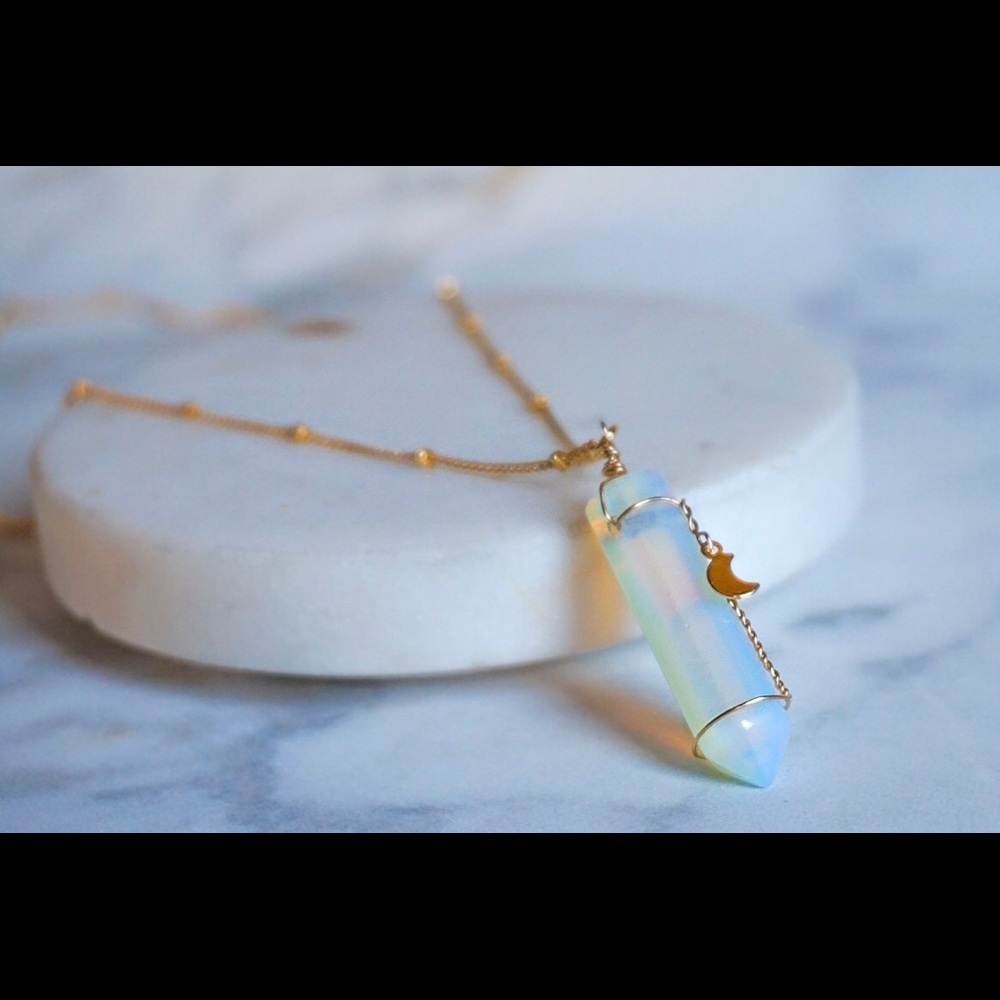 Opal Gemstone Wrap W/ Moon Charm 14k Necklace